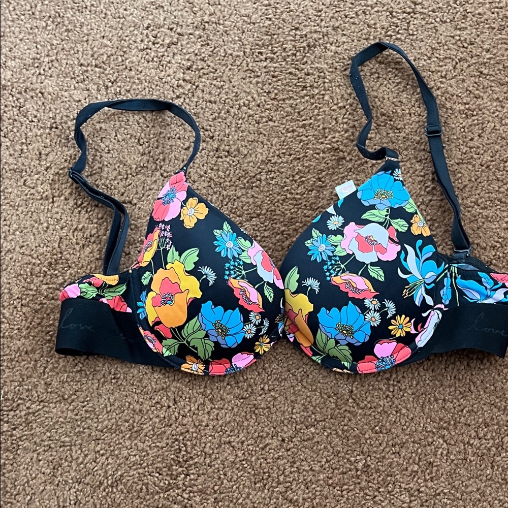 PINK Victoria's Secret Black Bra with Colorful Floral Pattern